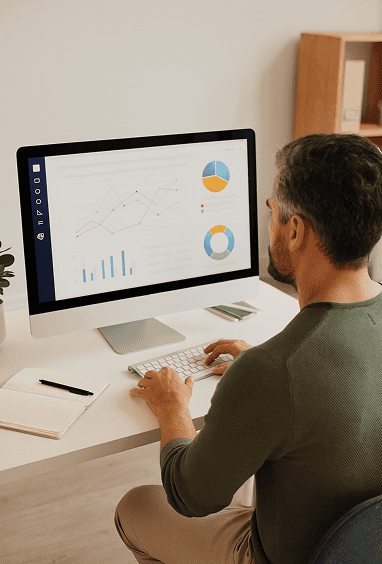 Business owner at a desktop reviewing charts and analytics