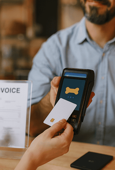 Customer paying by card on a terminal at a pet business counter