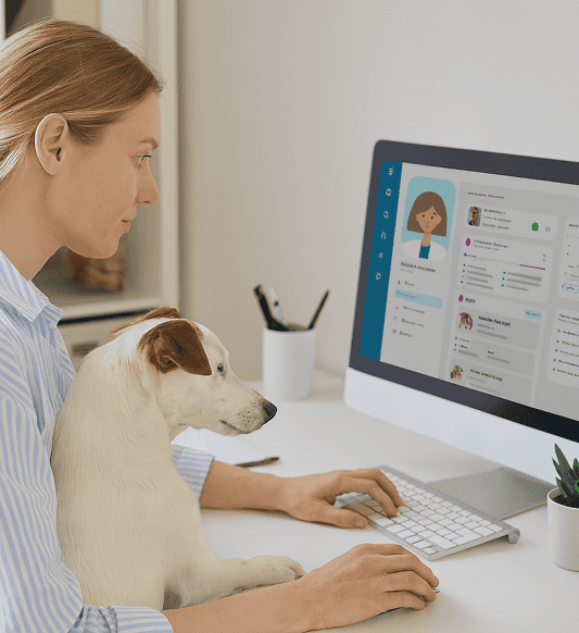 Pet owner at a desktop with a dog, viewing the pet management dashboard