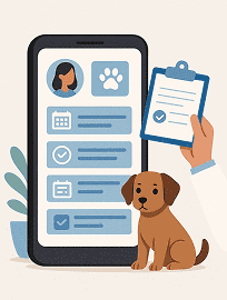 Illustration of a phone showing a pet profile and appointment checklist beside a dog