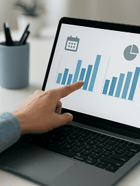 Hand pointing at a bar chart on a laptop screen